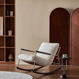 Modern Minimalist Rocking Chair with Removable Backrest and Armrests — Square Rectangular Frame in Chenille, Ash Wood, Stainless Steel, and Saddle Leather for Living Room