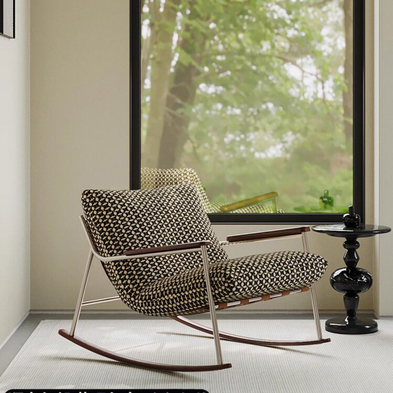 Nordic Contemporary Rocking Chair with Removable Backrest and Armrests – Square-Rectangular Woven Fabric Seat, Ash Wood & Stainless Steel Frame, Living Room Accent