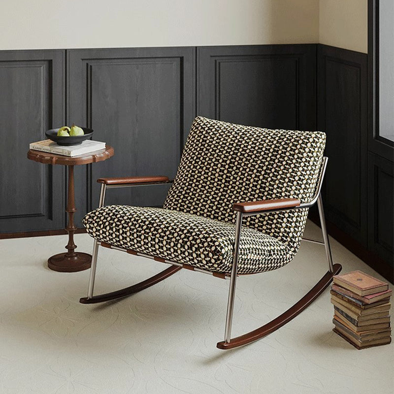 Nordic Contemporary Rocking Chair with Removable Backrest and Armrests – Square-Rectangular Woven Fabric Seat, Ash Wood & Stainless Steel Frame, Living Room Accent