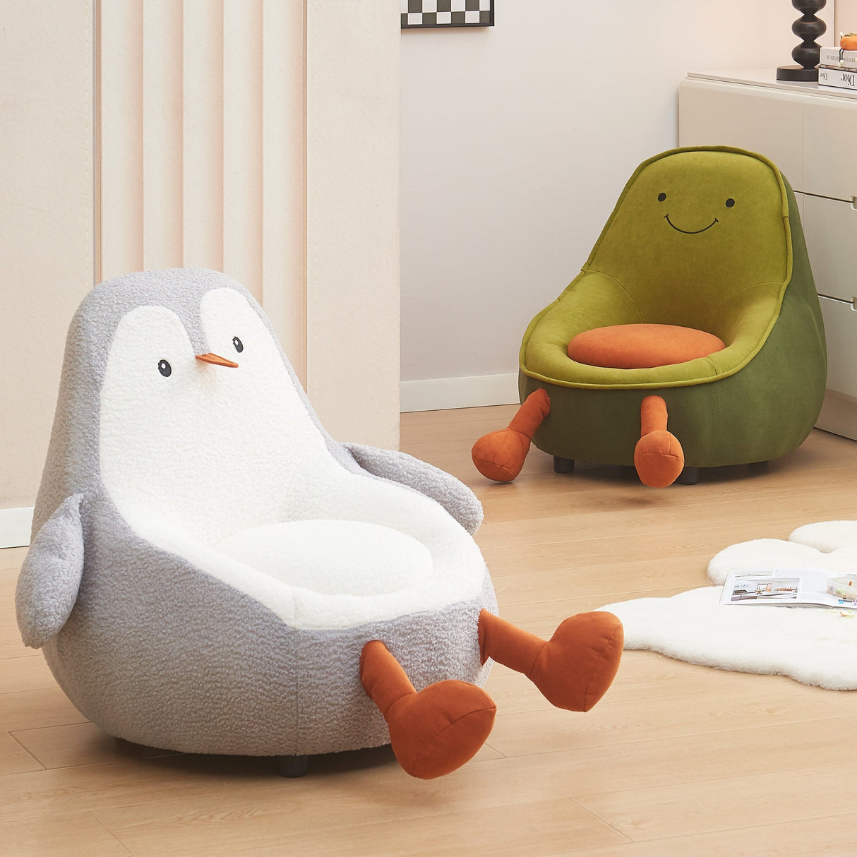 Contemporary Kids' Accent Chair — Avocado- and Penguin-Shaped, Lambswool Upholstery, Armless Backrest for Living Room
