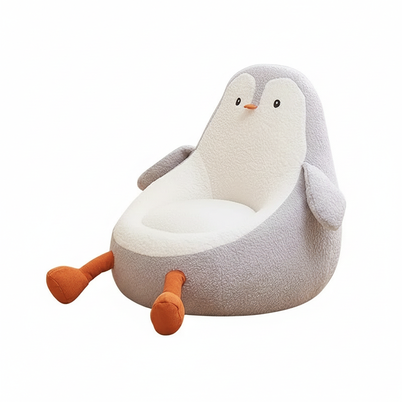 Contemporary Kids' Accent Chair — Avocado- and Penguin-Shaped, Lambswool Upholstery, Armless Backrest for Living Room