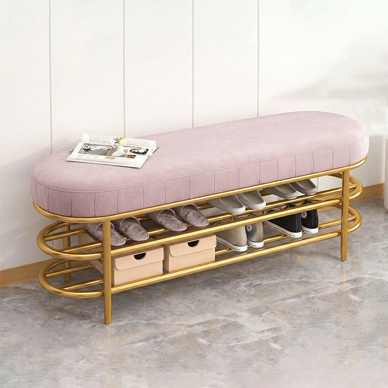 Contemporary Scandinavian Oval Velvet Upholstered Shoe Bench with Iron Frame — Armless for Entryways