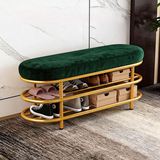 Contemporary Scandinavian Oval Velvet Upholstered Shoe Bench with Iron Frame — Armless for Entryways