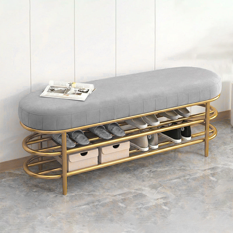 Contemporary Scandinavian Oval Velvet Upholstered Shoe Bench with Iron Frame — Armless for Entryways
