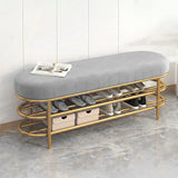 Contemporary Scandinavian Oval Velvet Upholstered Shoe Bench with Iron Frame — Armless for Entryways
