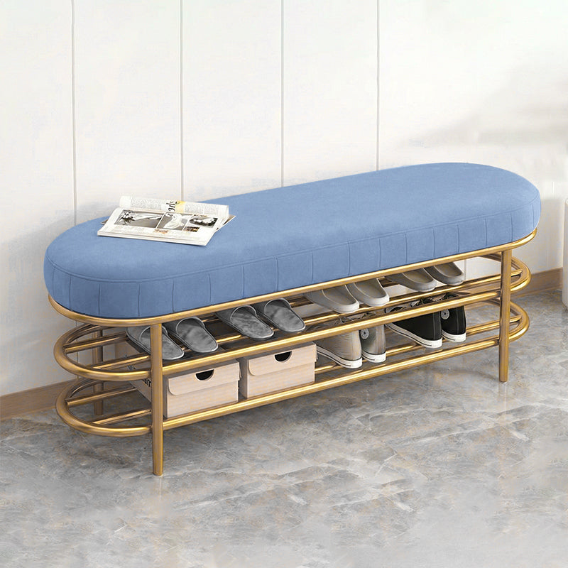 Contemporary Scandinavian Oval Velvet Upholstered Shoe Bench with Iron Frame — Armless for Entryways