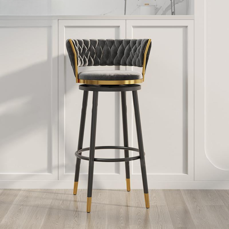 Contemporary Scandinavian Velvet Bar Stool with Iron Frame, Cushioned Round Seat, Backrest, Footrest, and Swivel — Perfect for Kitchen