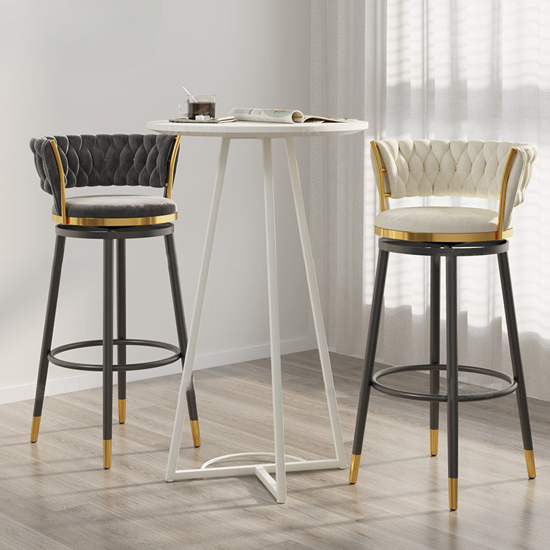 Contemporary Scandinavian Velvet Bar Stool with Iron Frame, Cushioned Round Seat, Backrest, Footrest, and Swivel — Perfect for Kitchen