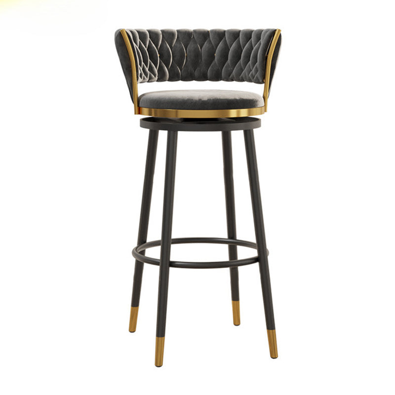 Contemporary Scandinavian Velvet Bar Stool with Iron Frame, Cushioned Round Seat, Backrest, Footrest, and Swivel — Perfect for Kitchen