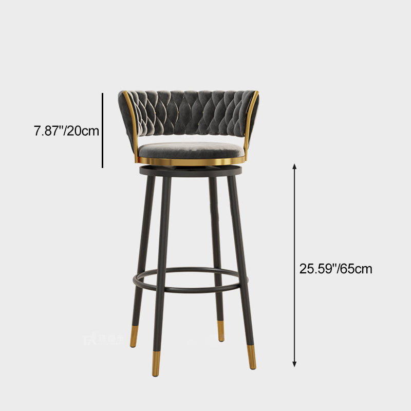 Contemporary Scandinavian Velvet Bar Stool with Iron Frame, Cushioned Round Seat, Backrest, Footrest, and Swivel — Perfect for Kitchen