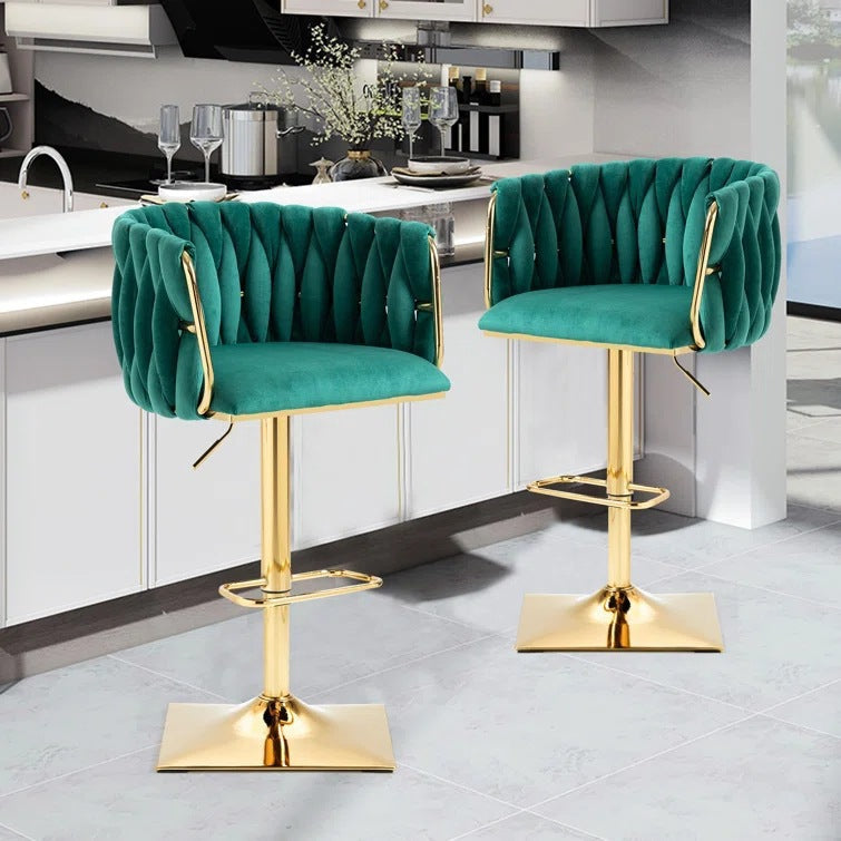 Modern Luxury Velvet Bar Stool with Metal Frame, Oval Cushioned Seat (Lift-Up), Backrest, Footrest, and Swivel – Ideal for Kitchen