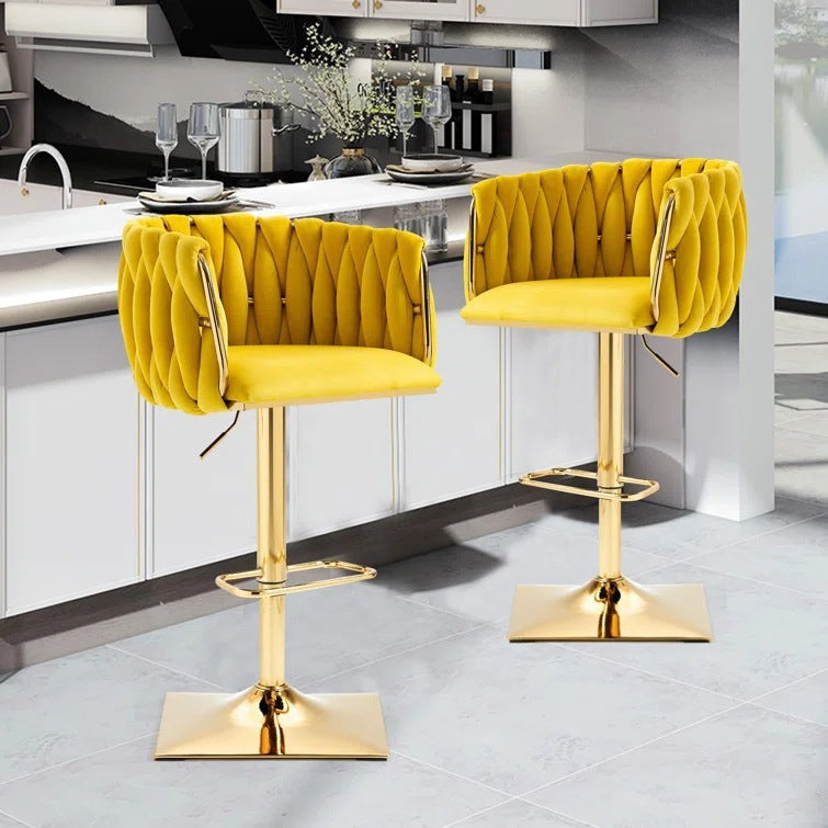 Modern Luxury Velvet Bar Stool with Metal Frame, Oval Cushioned Seat (Lift-Up), Backrest, Footrest, and Swivel – Ideal for Kitchen