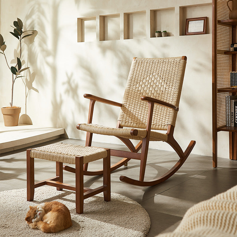 Traditional Japanese Weaving Ash Wood & Rattan Rectangular Rocking Chair with Recliner, Armrest & Footstool for Living Room