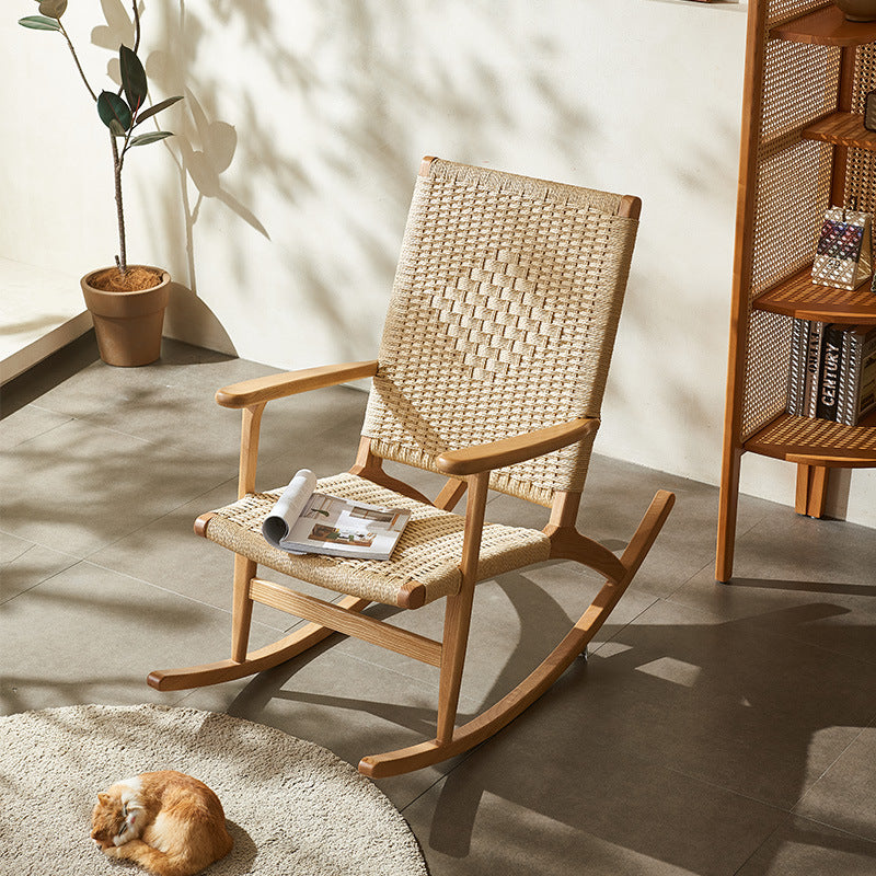 Traditional Japanese Weaving Ash Wood & Rattan Rectangular Rocking Chair with Recliner, Armrest & Footstool for Living Room