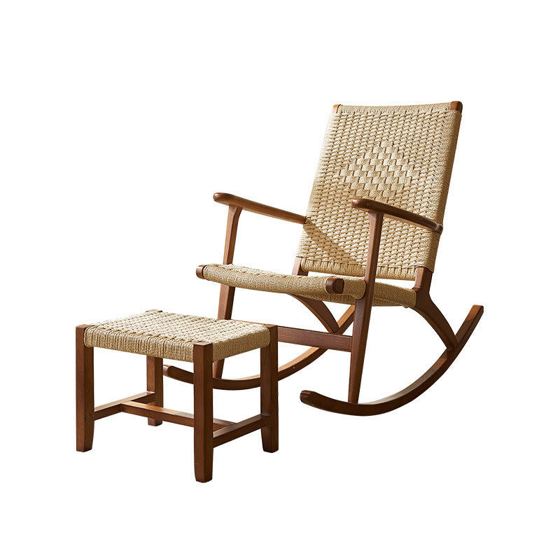Traditional Japanese Weaving Ash Wood & Rattan Rectangular Rocking Chair with Recliner, Armrest & Footstool for Living Room