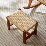 Traditional Japanese Weaving Ash Wood & Rattan Rectangular Rocking Chair with Recliner, Armrest & Footstool for Living Room