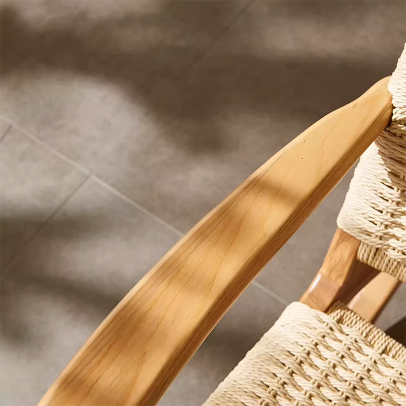 Traditional Japanese Weaving Ash Wood & Rattan Rectangular Rocking Chair with Recliner, Armrest & Footstool for Living Room