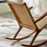 Traditional Japanese Weaving Ash Wood & Rattan Rectangular Rocking Chair with Recliner, Armrest & Footstool for Living Room