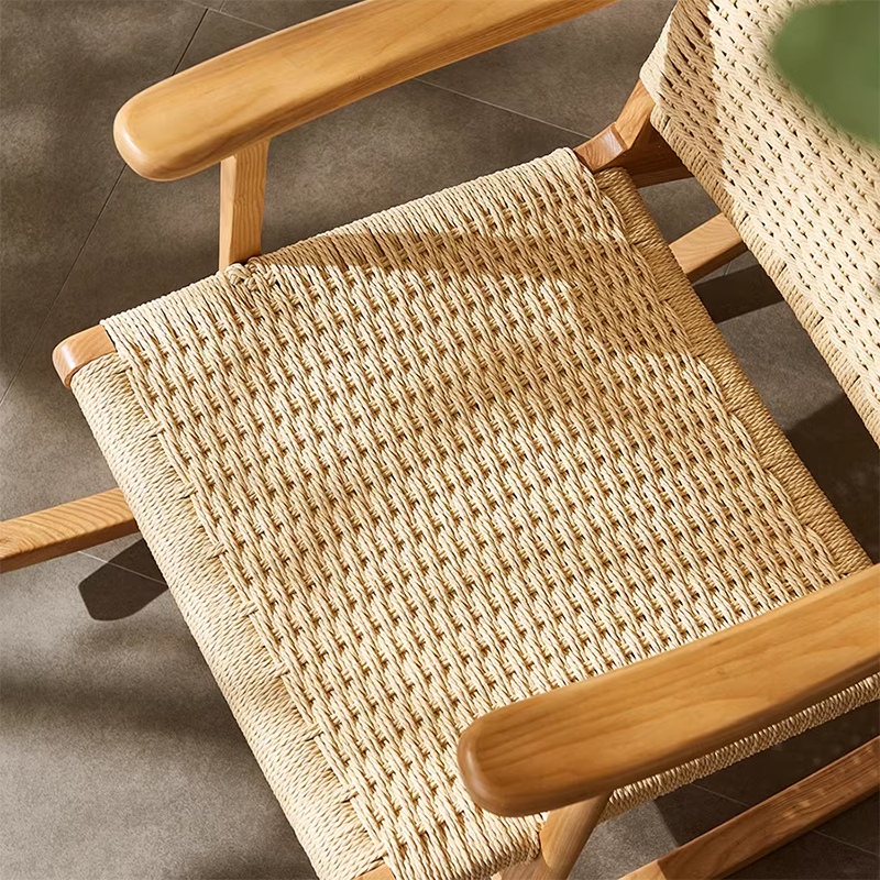 Traditional Japanese Weaving Ash Wood & Rattan Rectangular Rocking Chair with Recliner, Armrest & Footstool for Living Room