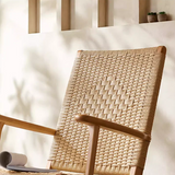 Traditional Japanese Weaving Ash Wood & Rattan Rectangular Rocking Chair with Recliner, Armrest & Footstool for Living Room