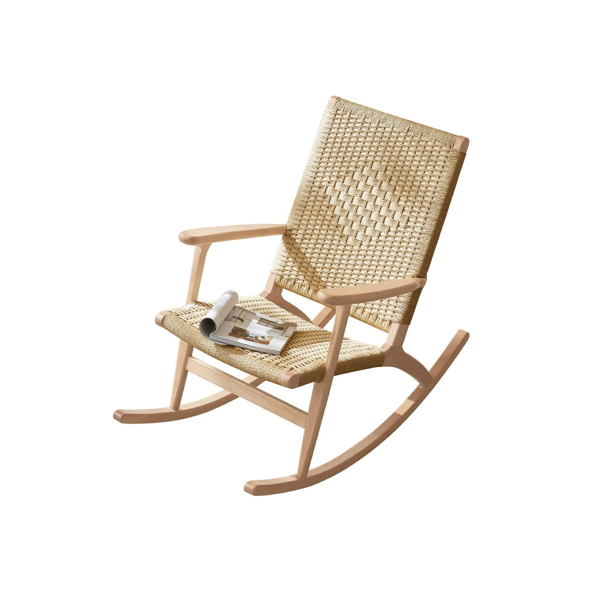 Traditional Japanese Weaving Ash Wood & Rattan Rectangular Rocking Chair with Recliner, Armrest & Footstool for Living Room