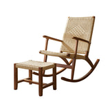 Traditional Japanese Weaving Ash Wood & Rattan Rectangular Rocking Chair with Recliner, Armrest & Footstool for Living Room