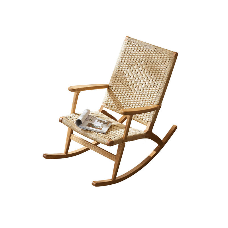 Traditional Japanese Weaving Ash Wood & Rattan Rectangular Rocking Chair with Recliner, Armrest & Footstool for Living Room