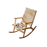 Traditional Japanese Weaving Ash Wood & Rattan Rectangular Rocking Chair with Recliner, Armrest & Footstool for Living Room