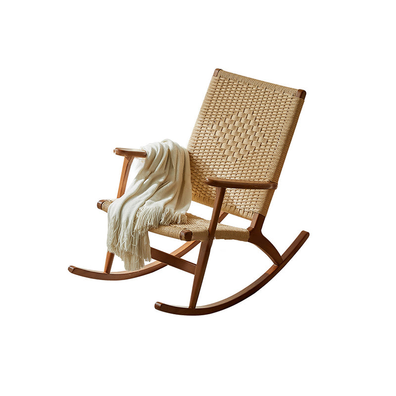 Traditional Japanese Weaving Ash Wood & Rattan Rectangular Rocking Chair with Recliner, Armrest & Footstool for Living Room