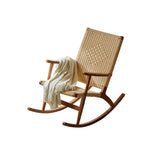 Traditional Japanese Weaving Ash Wood & Rattan Rectangular Rocking Chair with Recliner, Armrest & Footstool for Living Room