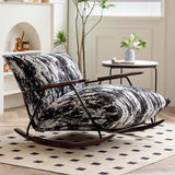 Traditional French Fabric Rocking Chair with Iron Sponge Square Ink Painting, Recliner with Footrest and Armrest for Living Room