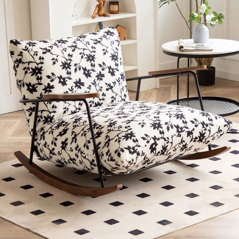Traditional French Fabric Rocking Chair with Iron Sponge Square Ink Painting, Recliner with Footrest and Armrest for Living Room