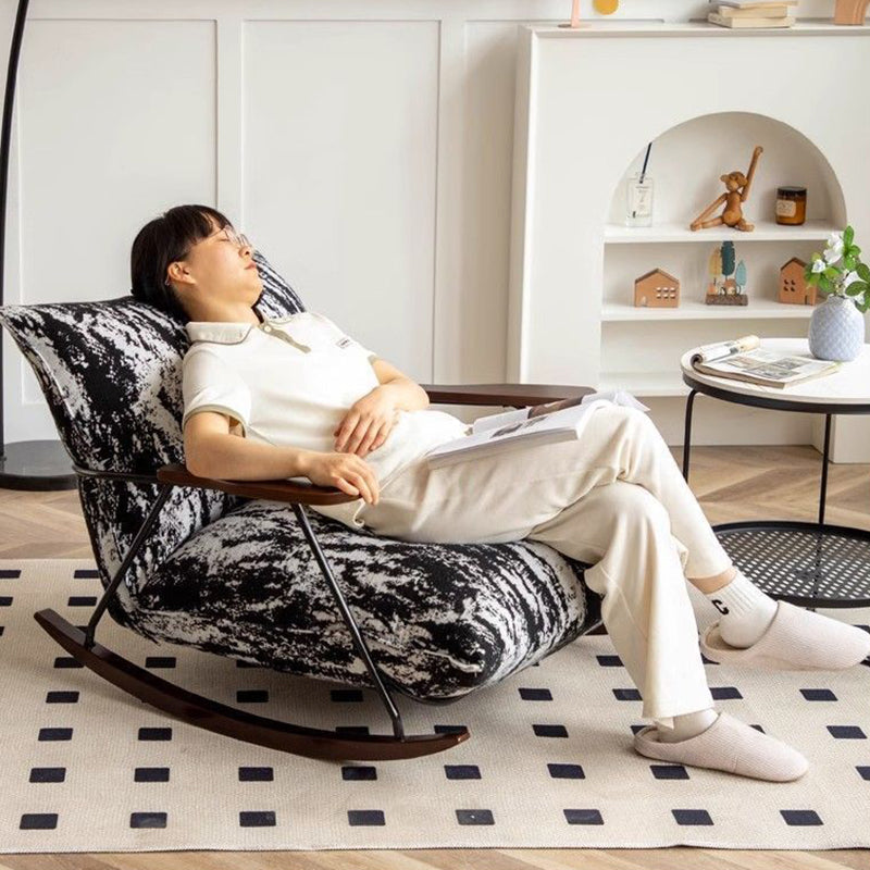 Traditional French Fabric Rocking Chair with Iron Sponge Square Ink Painting, Recliner with Footrest and Armrest for Living Room