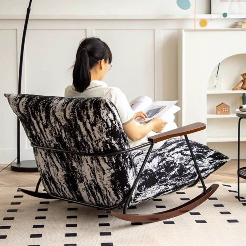 Traditional French Fabric Rocking Chair with Iron Sponge Square Ink Painting, Recliner with Footrest and Armrest for Living Room