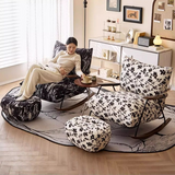 Traditional French Fabric Rocking Chair with Iron Sponge Square Ink Painting, Recliner with Footrest and Armrest for Living Room
