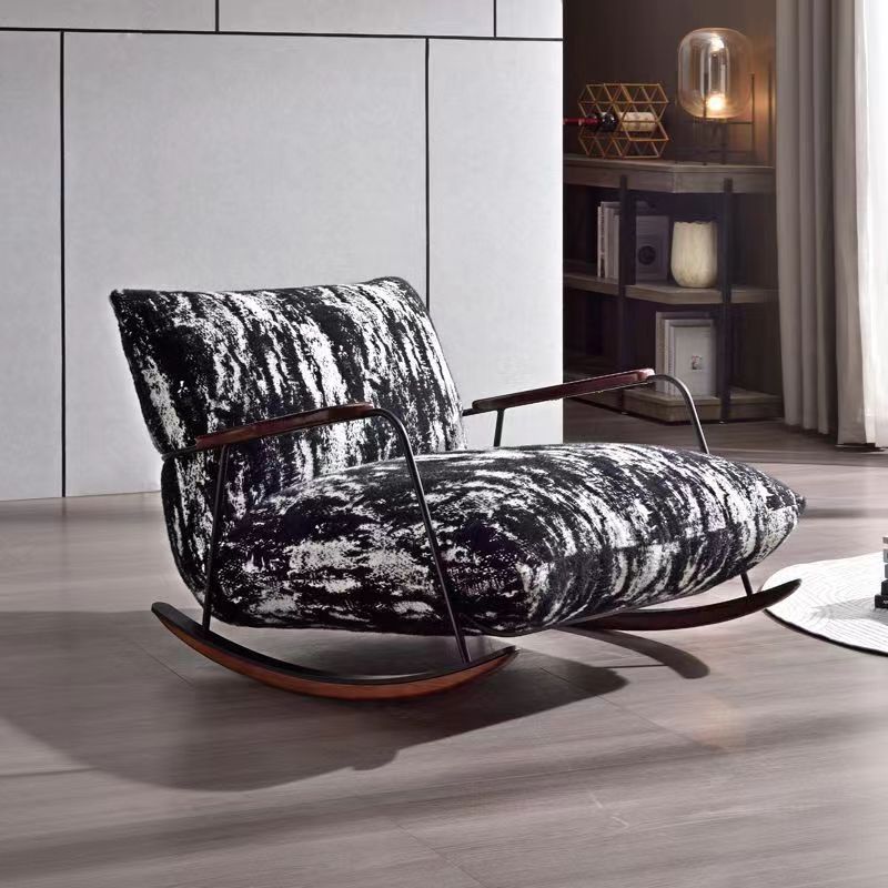 Traditional French Fabric Rocking Chair with Iron Sponge Square Ink Painting, Recliner with Footrest and Armrest for Living Room