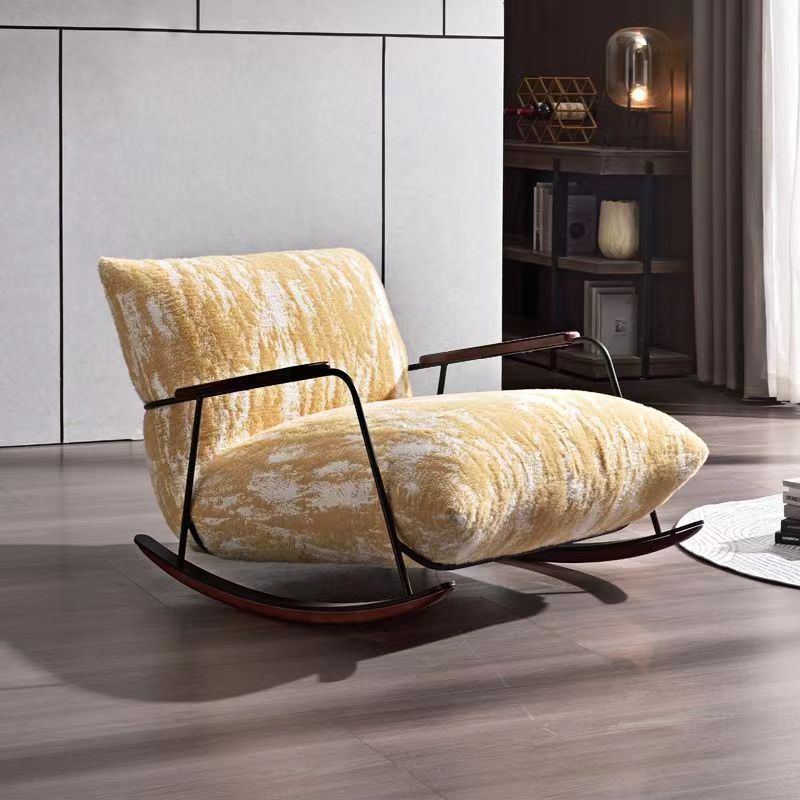 Traditional French Fabric Rocking Chair with Iron Sponge Square Ink Painting, Recliner with Footrest and Armrest for Living Room