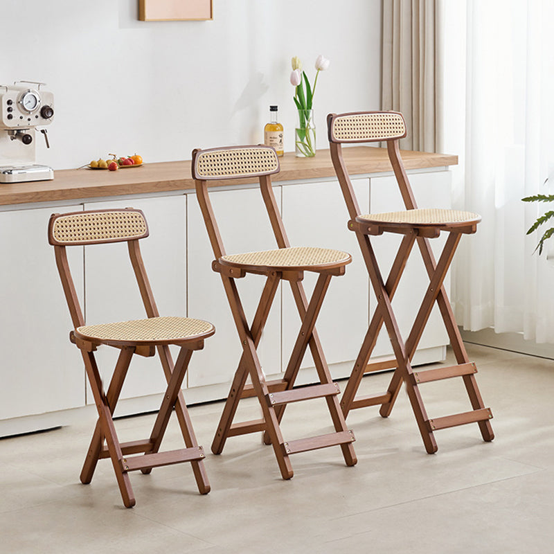 Elegant Traditional Japanese Weaving Resin Bamboo Oval Foldable Bar Stool with Backrest and Footrest for Kitchen
