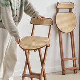 Elegant Traditional Japanese Weaving Resin Bamboo Oval Foldable Bar Stool with Backrest and Footrest for Kitchen