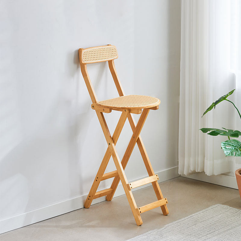 Elegant Traditional Japanese Weaving Resin Bamboo Oval Foldable Bar Stool with Backrest and Footrest for Kitchen