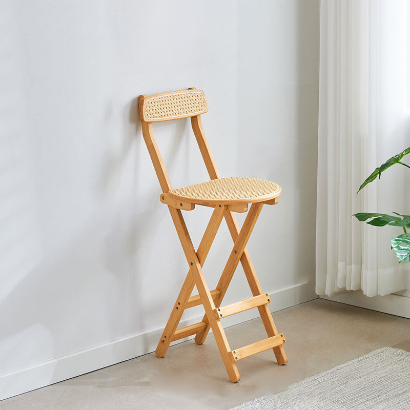 Elegant Traditional Japanese Weaving Resin Bamboo Oval Foldable Bar Stool with Backrest and Footrest for Kitchen