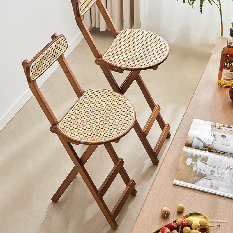 Elegant Traditional Japanese Weaving Resin Bamboo Oval Foldable Bar Stool with Backrest and Footrest for Kitchen