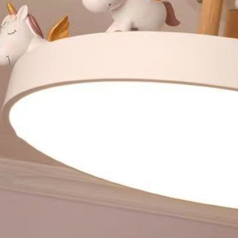 Contemporary Unicorn Round LED Ceiling Light – Creative Resin, Iron, Acrylic & Wood, Semi-Flush Mount for Bedroom