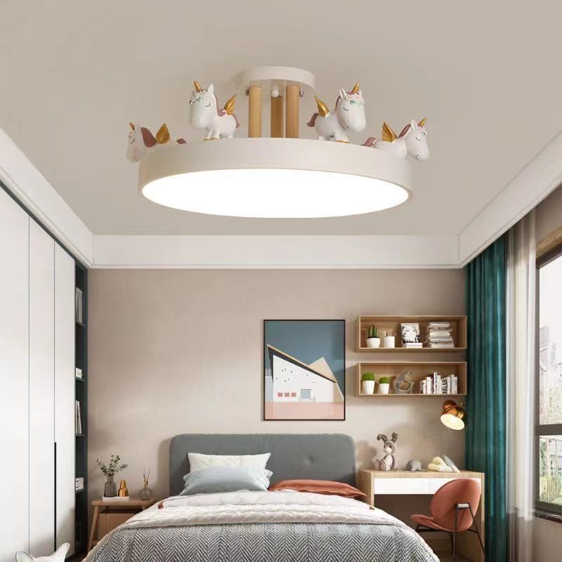 Contemporary Unicorn Round LED Ceiling Light – Creative Resin, Iron, Acrylic & Wood, Semi-Flush Mount for Bedroom
