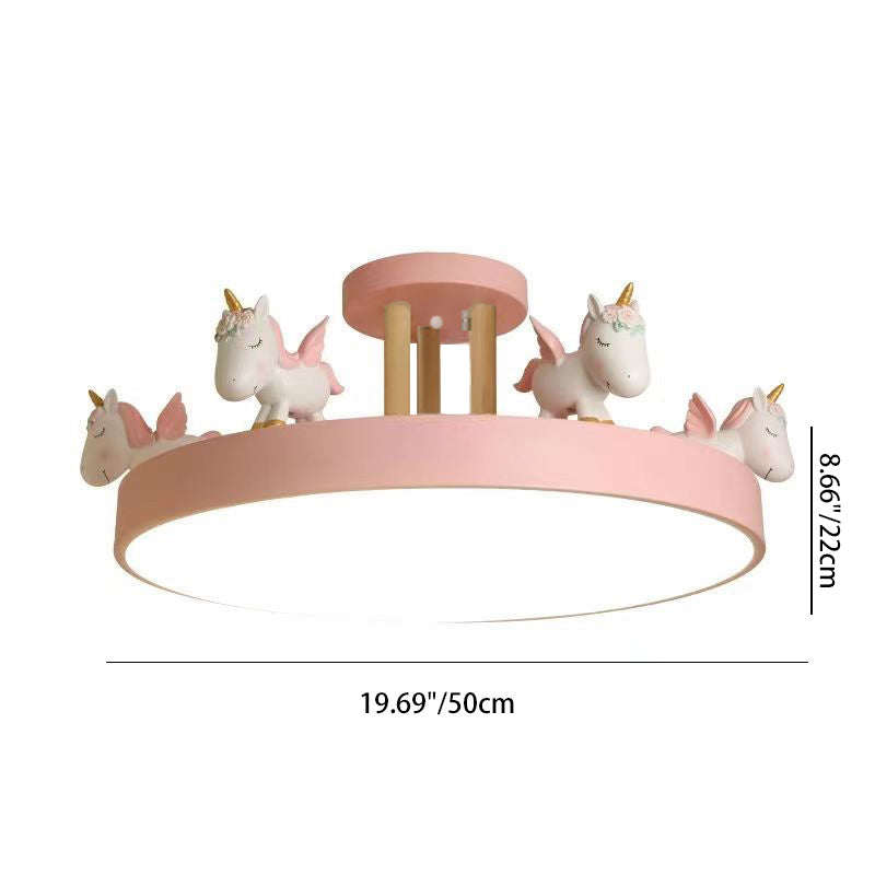 Contemporary Unicorn Round LED Ceiling Light – Creative Resin, Iron, Acrylic & Wood, Semi-Flush Mount for Bedroom