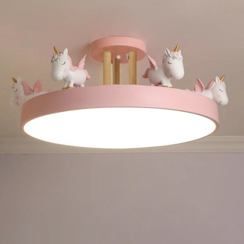 Contemporary Unicorn Round LED Ceiling Light – Creative Resin, Iron, Acrylic & Wood, Semi-Flush Mount for Bedroom