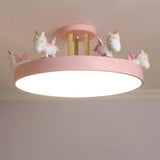 Contemporary Unicorn Round LED Ceiling Light – Creative Resin, Iron, Acrylic & Wood, Semi-Flush Mount for Bedroom
