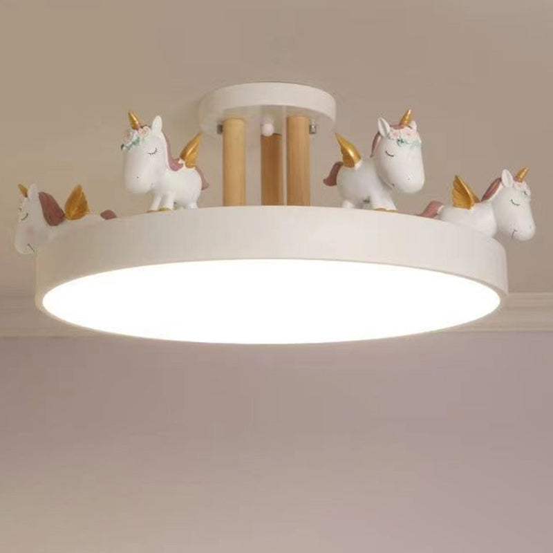Contemporary Unicorn Round LED Ceiling Light – Creative Resin, Iron, Acrylic & Wood, Semi-Flush Mount for Bedroom