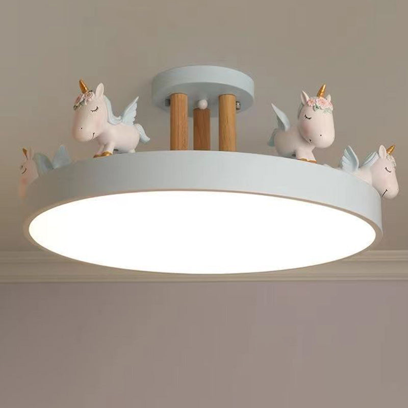 Contemporary Unicorn Round LED Ceiling Light – Creative Resin, Iron, Acrylic & Wood, Semi-Flush Mount for Bedroom