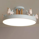 Contemporary Unicorn Round LED Ceiling Light – Creative Resin, Iron, Acrylic & Wood, Semi-Flush Mount for Bedroom
